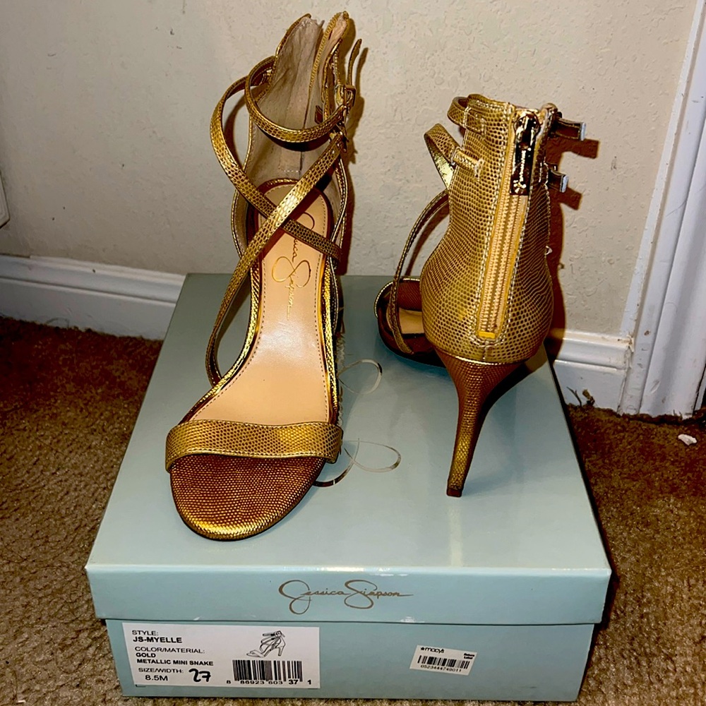 Jessica Simpson Gold Metallic Mini Snake heels